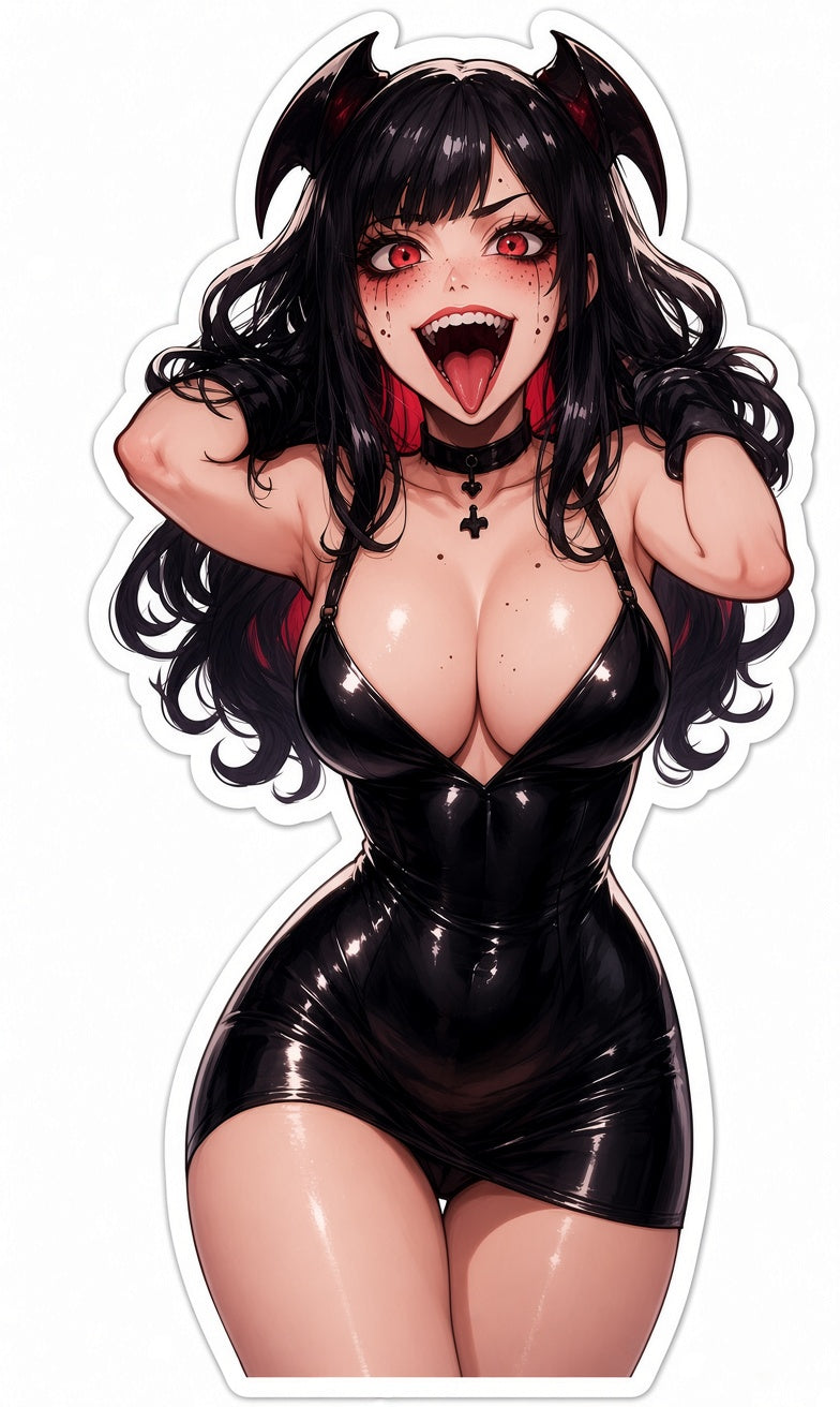 3pcs Sexy Goth Succubus Anime Stickers - Black Leather Dress Red Eyes Waifu Vinyl Decal