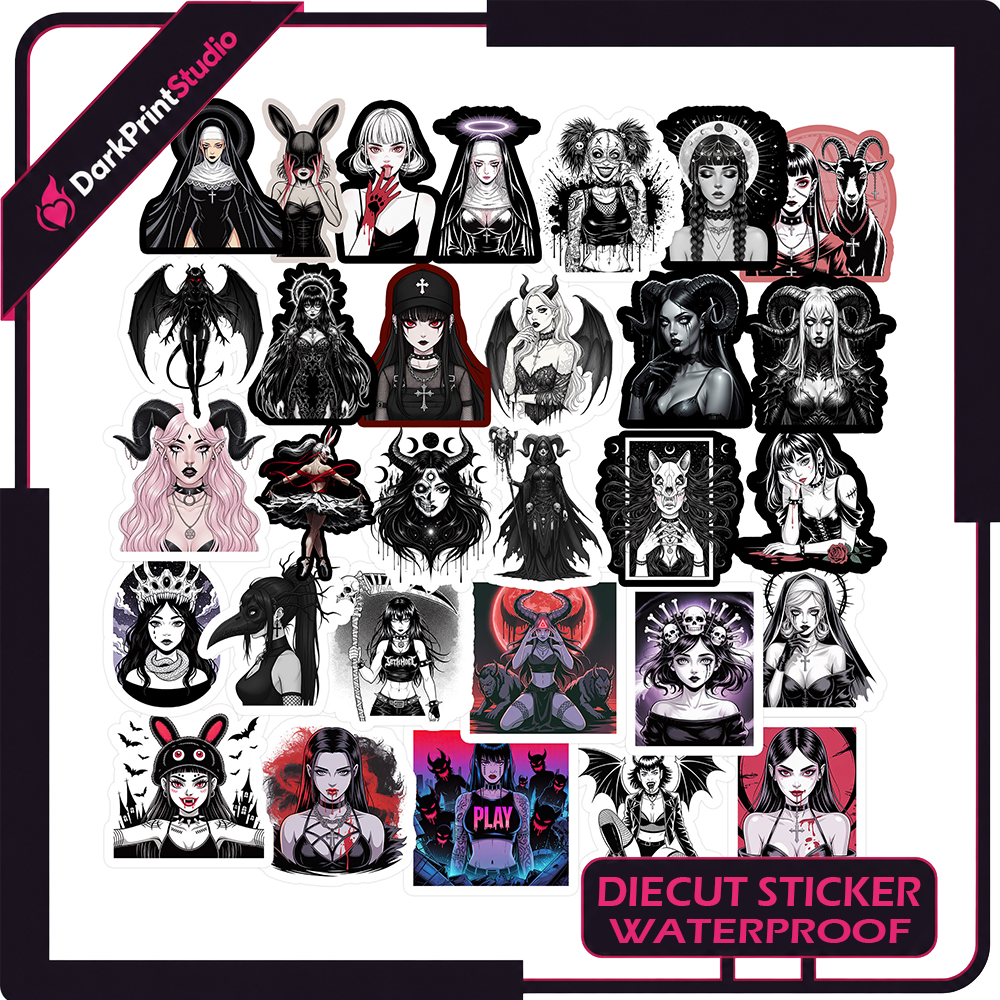 30PCS Black Horror Girl Stickers – Gothic Girl Stickers, Dark Fantasy Sticker Pack, Waterproof Vinyl Decals