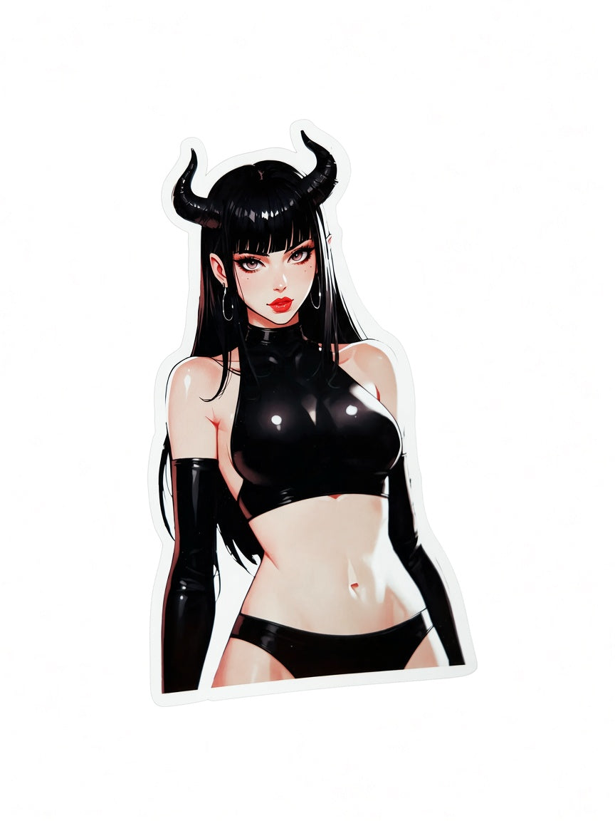 3pcs Sexy Devil Horns Anime Girl Stickers - Black Hair Goth Succubus Waifu Vinyl Decal