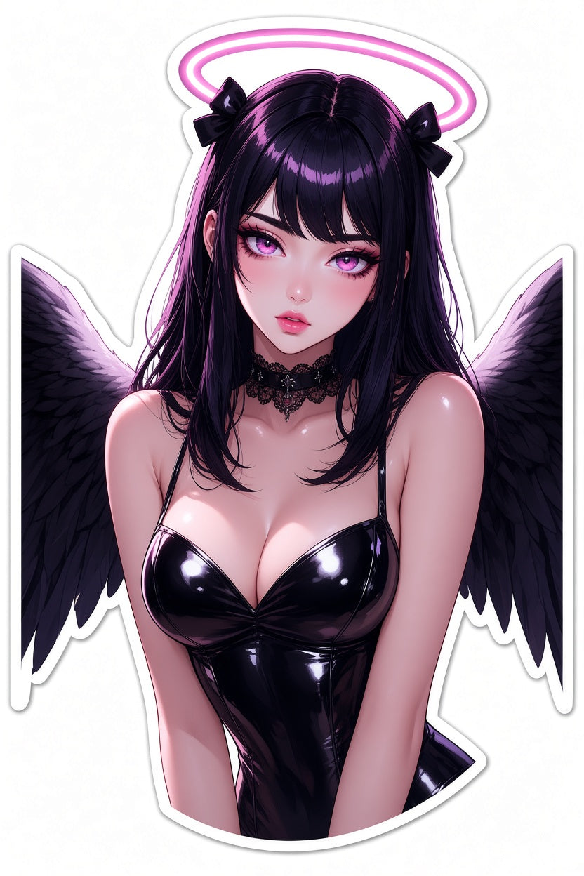 3pcs Sexy Pink Halo Dark Angel Anime Stickers - Black Wings Leather Corset Waifu Vinyl Decal