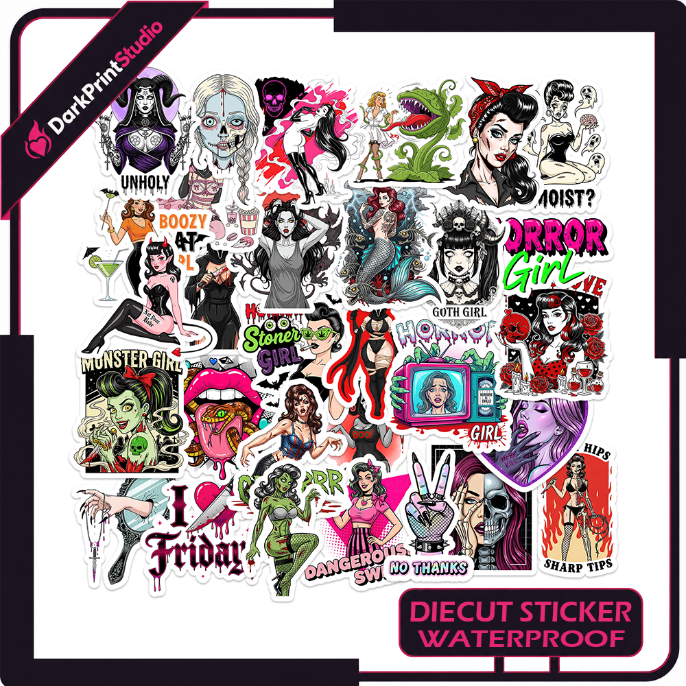 30PCS Horror Girl Stickers, Gothic Halloween Vinyl Stickers, Spooky Dark Aesthetic Waterproof Decals