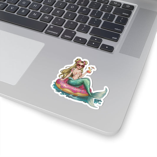 Mermaid Pin-Up Kiss-Cut Sticker — Retro Beach Donut Float Design - DarkPrintStudio™