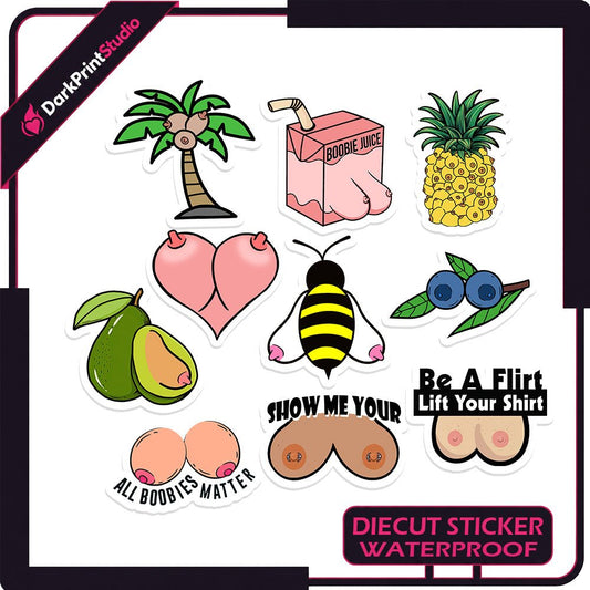 10 Boobs Funny Stickers – Big Tits Adult Humor Waterproof Decal Pack - DarkPrintStudio™