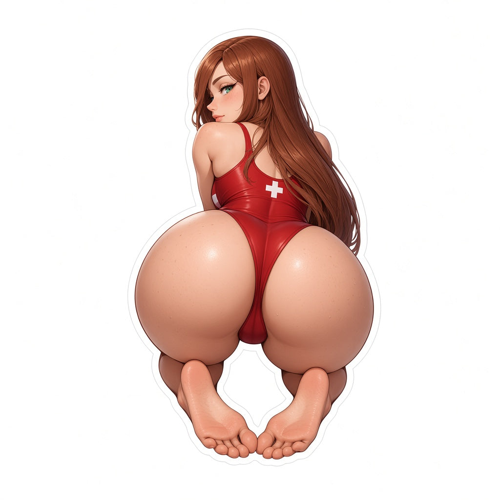 3pcs Sexy Lifeguard Anime Girl Stickers - Red Swimsuit Auburn Hair Waifu Vinyl Decal