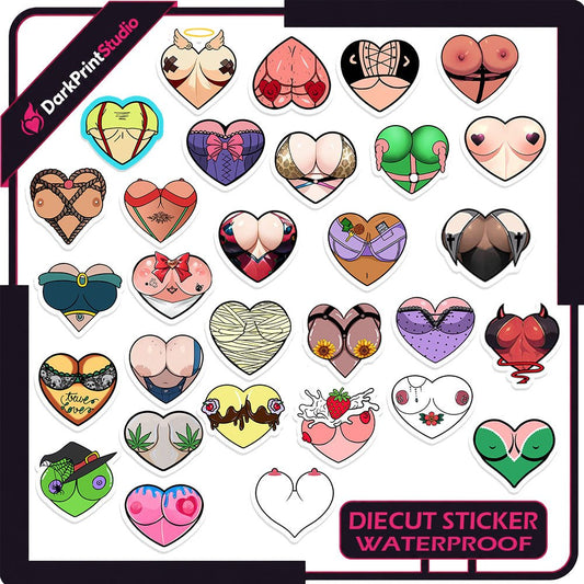 30PCS Boob Heart Stickers Pack, Funny Sexy Vinyl Decals, Big Tits Stickers - DarkPrintStudio™