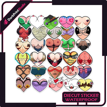 30PCS Boob Heart Stickers Pack, Funny Sexy Vinyl Decals, Big Tits Stickers - DarkPrintStudio™