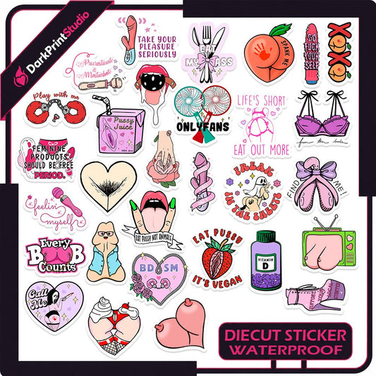 30PCS Dirty Dick & Vulva Stickers – Funny Penis Stickers, Vulva Stickers, Adult Humor NSFW Decals, Sexy Feminist Sticker Pack, Waterproof Die-Cut Stickers - DarkPrintStudio™