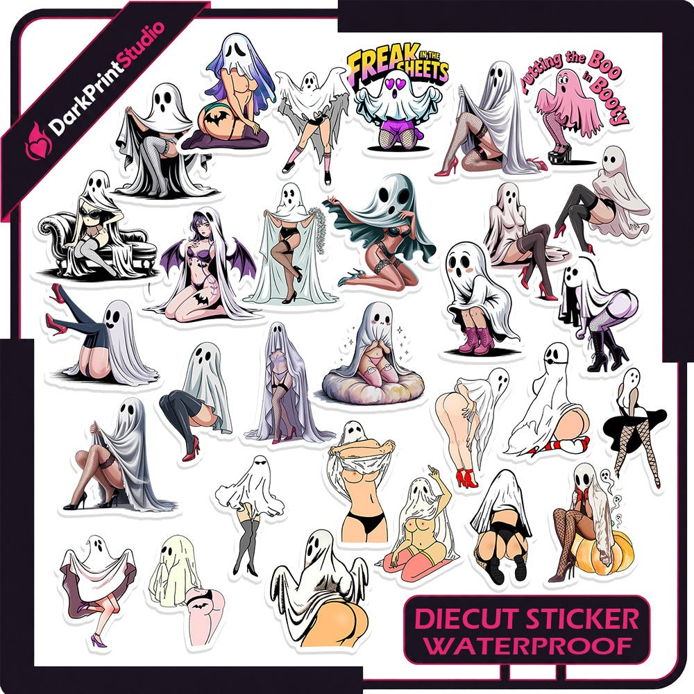 30PCS Sexy Ghost Stickers – Spooky Ghost Girl Stickers, Halloween Ghost Decals, Cute Gothic Horror Stickers, Sexy Halloween Waterproof Die-Cut Sticker Pack - DarkPrintStudio™