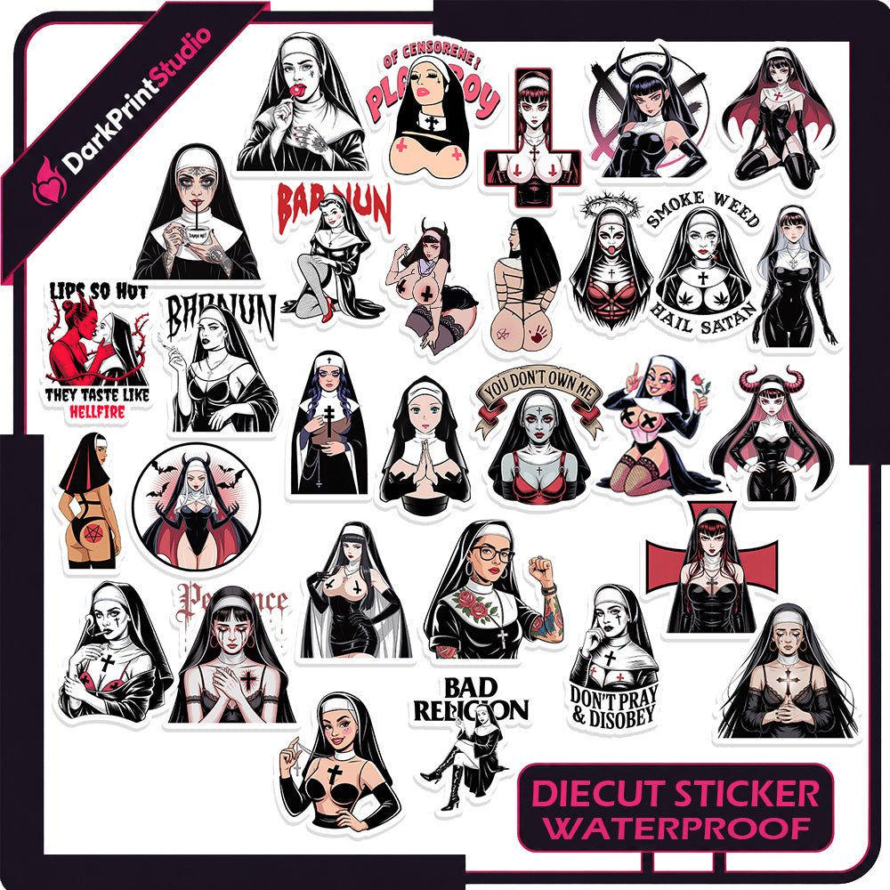 30PCS Sexy Nun Stickers – Gothic Nun Stickers, Dark Religious Humor Decals, Edgy Catholic Aesthetic, Adult Humor Waterproof Die-Cut Sticker Pack - DarkPrintStudio™