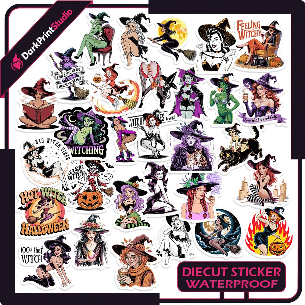 30PCS Sexy Witch Stickers – Halloween Witch Stickers, Cute Witchy Girl Decals, Gothic Witch Stickers, Spooky Adult Humor Waterproof Die-Cut Sticker Pack - DarkPrintStudio™