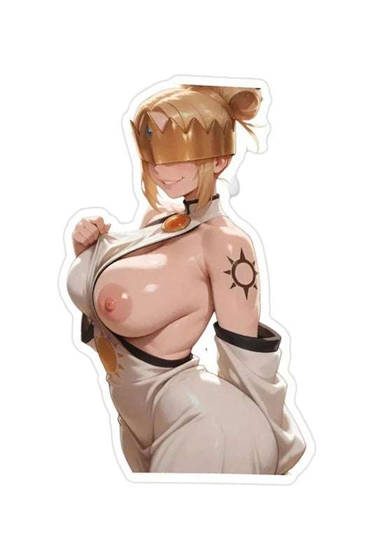 3pcs Sexy Blindfolded Queen Anime Stickers - Gold Crown Blonde Waifu Vinyl Decal - DarkPrintStudio™