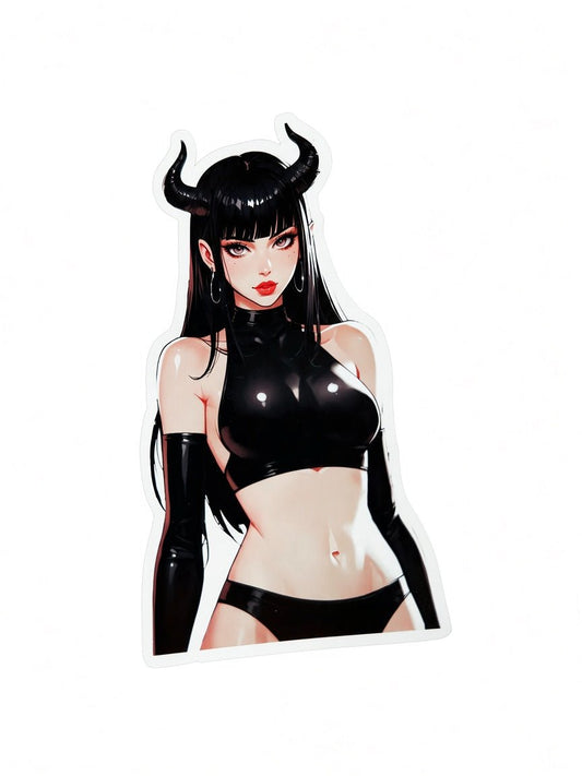 3pcs Sexy Devil Horns Anime Girl Stickers - Black Hair Goth Succubus Waifu Vinyl Decal - DarkPrintStudio™