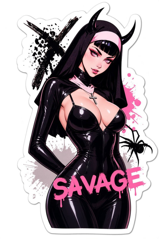 3pcs Sexy Goth Nun Anime Stickers - Black Latex Savage Nun Waifu Vinyl Decal - DarkPrintStudio™