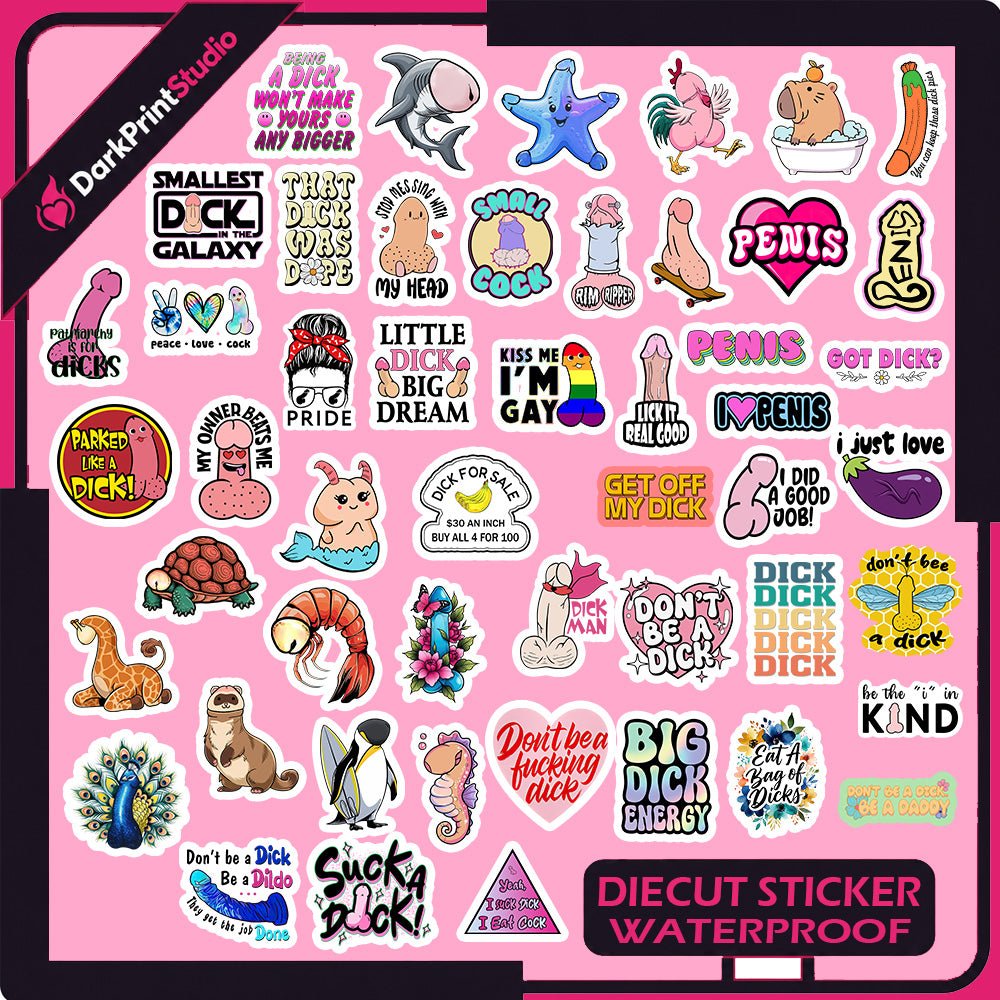 50PCS Dick Stickers – Funny Penis Stickers, Cute Dick Decals, Adult Humor NSFW Stickers, Kawaii Penis Sticker Pack, Waterproof Die-Cut Stickers for Laptop, Tumbler, Water Bottle, Phone Case & Notebook - DarkPrintStudio™
