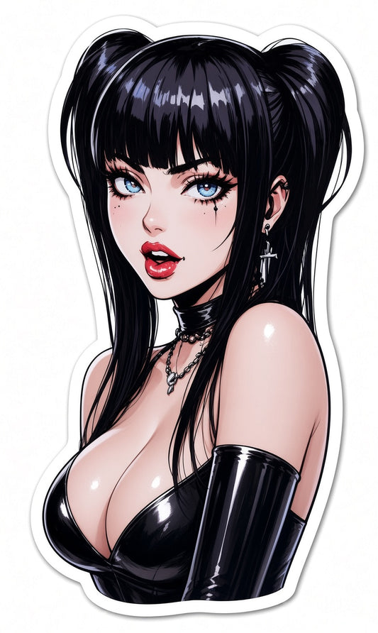 3pcs Sexy Goth Anime Girl Stickers - Black Pigtails Leather Outfit Waifu Vinyl Decal