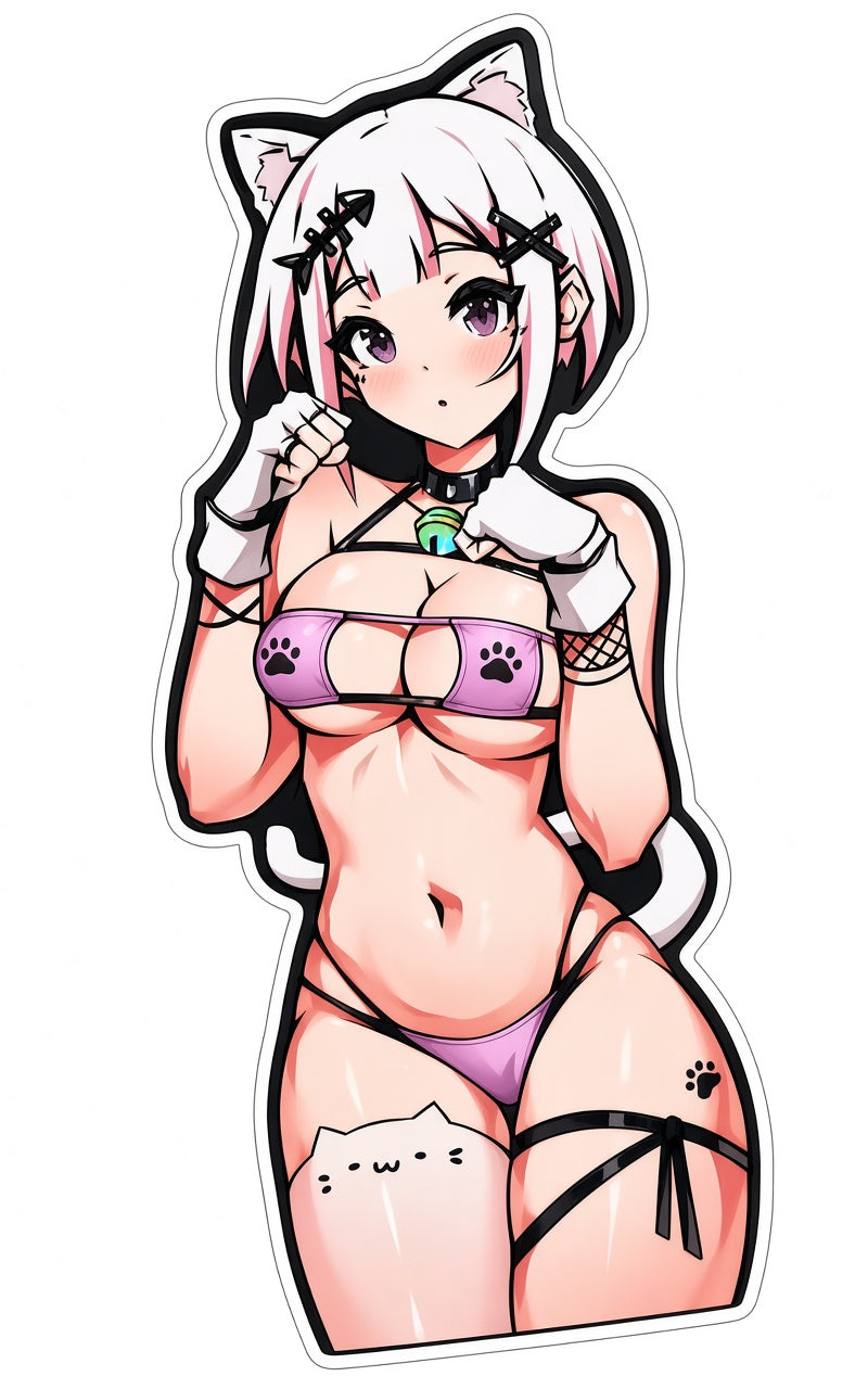 3pcs Sexy Cat Girl Anime Stickers - White Hair Neko Waifu Vinyl Decal