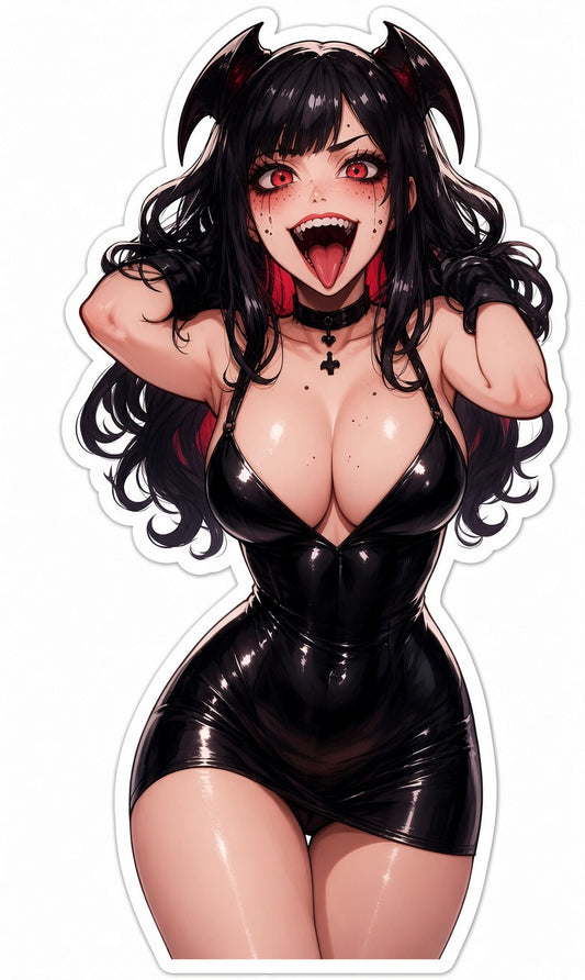 3pcs Sexy Goth Succubus Anime Stickers - Black Leather Dress Red Eyes Waifu Vinyl Decal