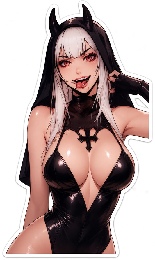 3pcs Sexy Evil Nun Anime Stickers - White Hair Horned Latex Waifu Vinyl Decal