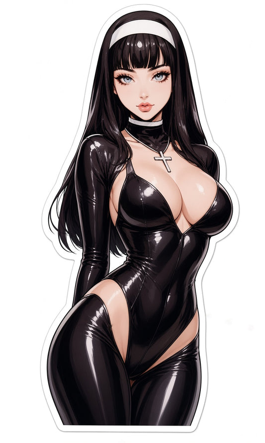 Sexy Classic Nun Anime Waifu Sticker Pack - Black Hair Blue Eyes Leather Suit Laptop Decals