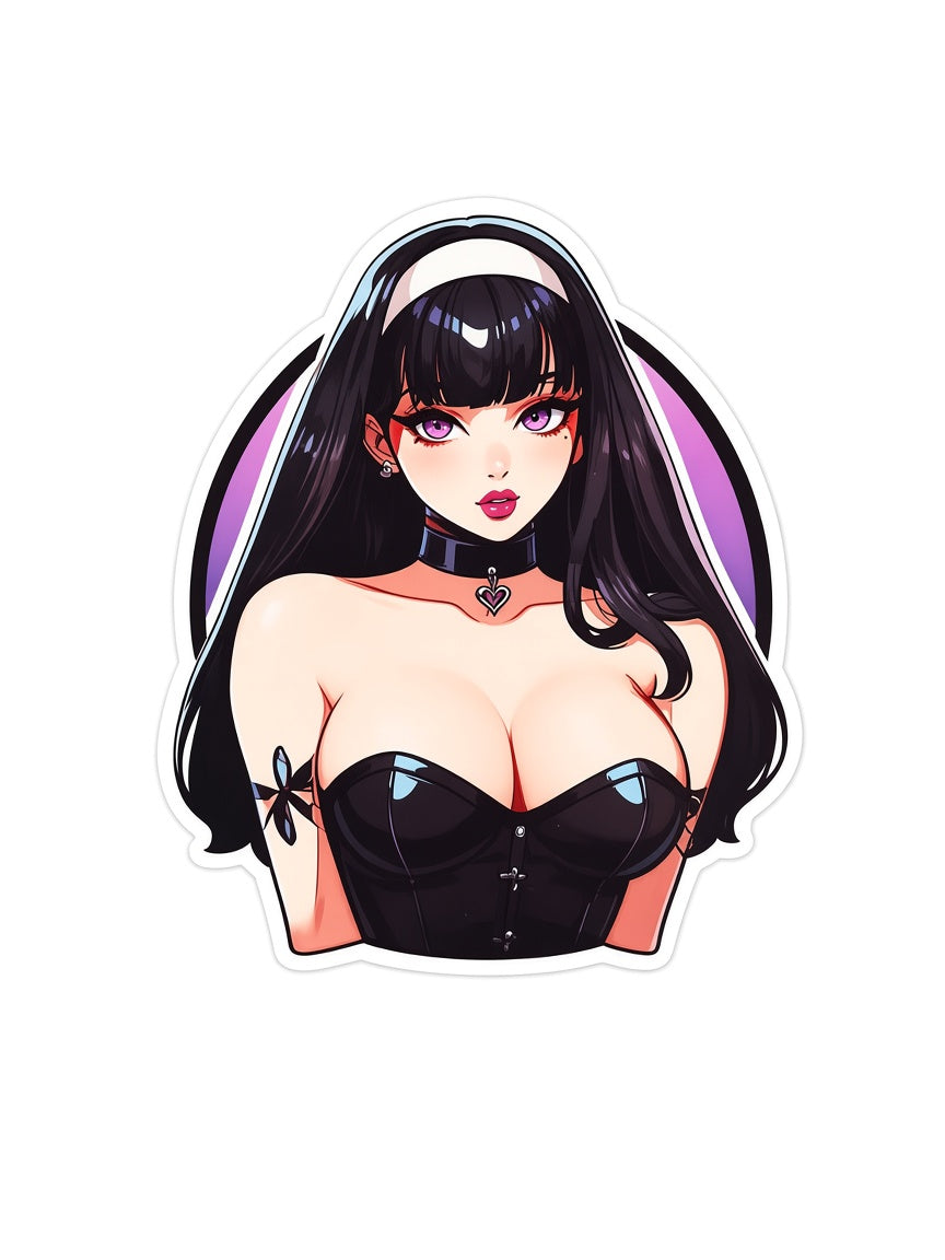 3pcs Sexy Goth Nun Anime Girl Stickers - Black Corset Purple Eyes Waifu Vinyl Decal