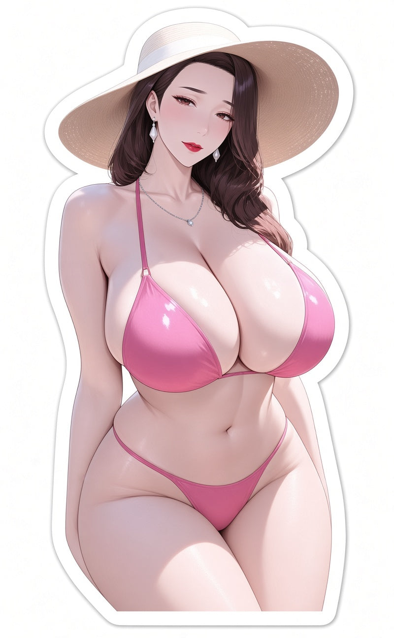 Sexy Beach Girl Anime Waifu Sticker Pack - Pink Bikini Woman Laptop Decals