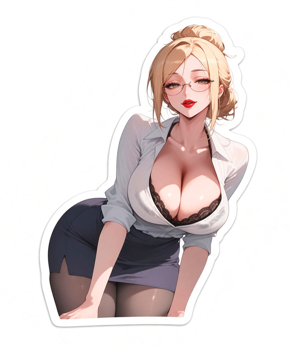 Sexy Blonde Office Lady Anime Waifu Sticker Pack - Glasses Teacher Laptop Decals