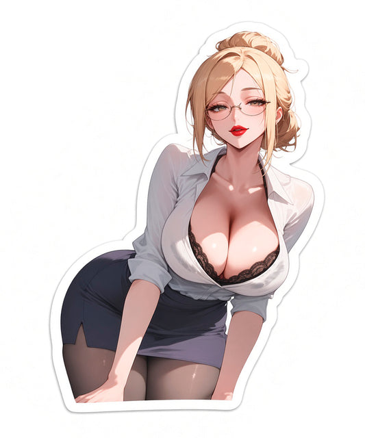 Sexy Blonde Office Lady Anime Waifu Sticker Pack - Glasses Teacher Laptop Decals