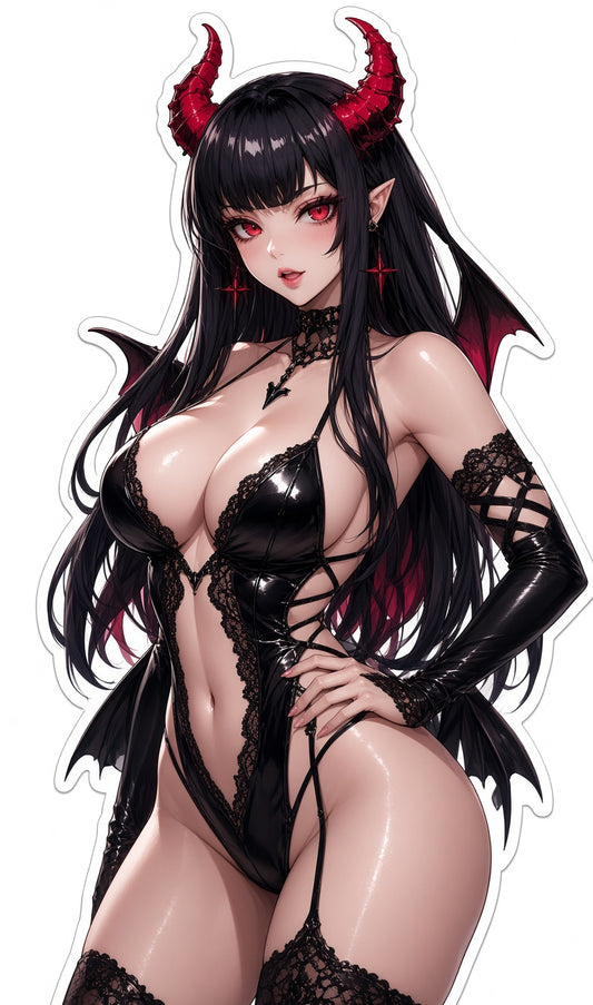 3pcs Sexy Red Horned Succubus Anime Stickers - Black Hair Crimson Horns Waifu Vinyl Decal