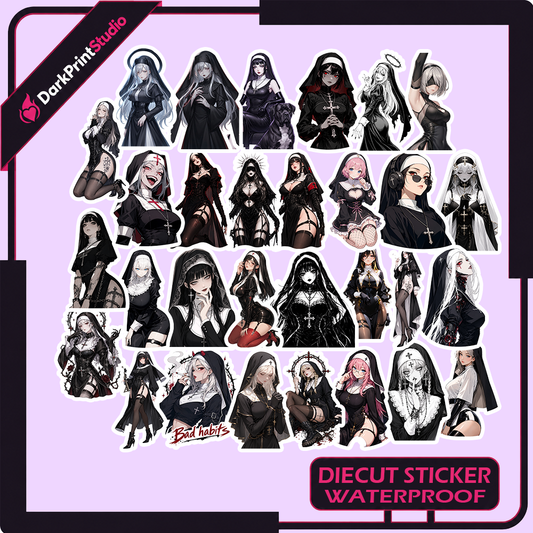 30PCS Anime Nun Stickers – Gothic Nun Stickers, Dark Anime Sticker Pack, Waterproof Vinyl Decals