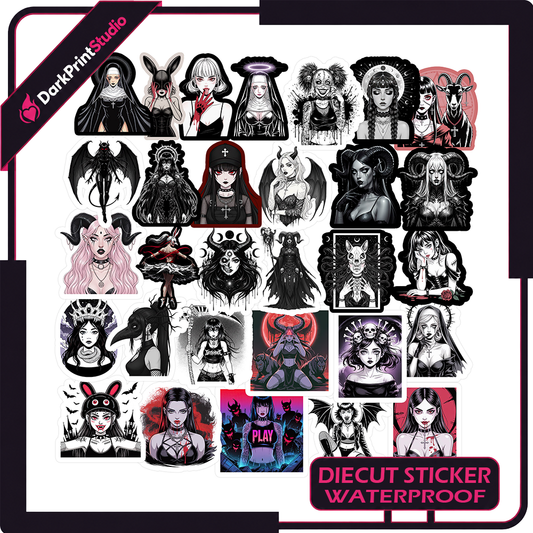 30PCS Black Horror Girl Stickers – Gothic Girl Stickers, Dark Fantasy Sticker Pack, Waterproof Vinyl Decals