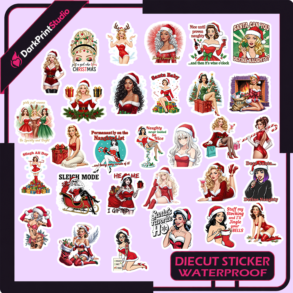 30PCS Sexy Christmas Girl Stickers – Christmas Girl Stickers, Pin Up Holiday Sticker Pack, Waterproof Vinyl Decals