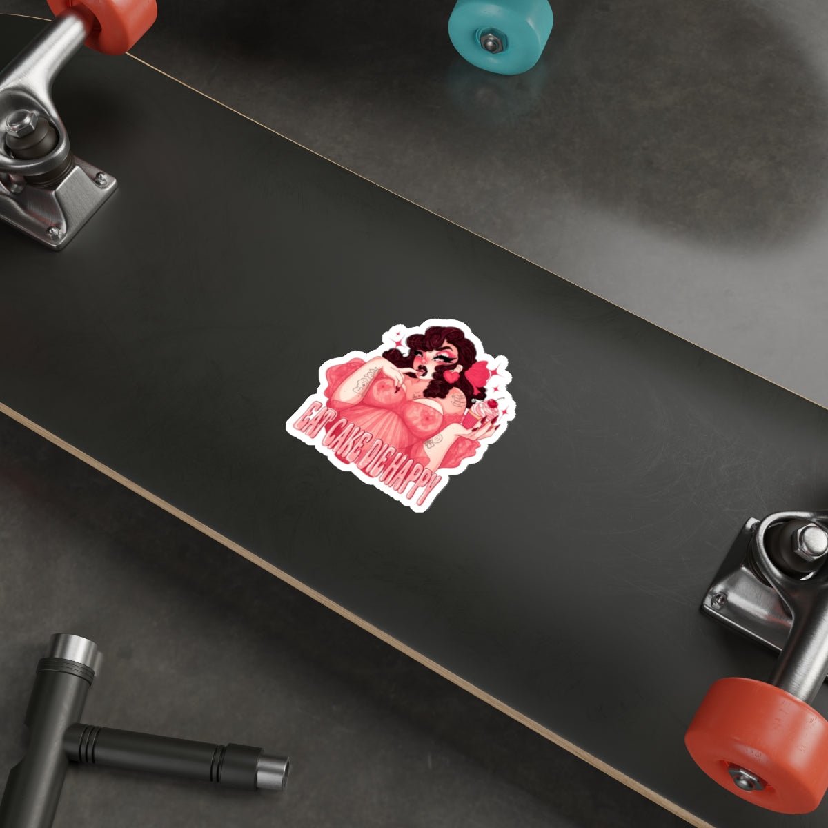 Eat Cake Die Happy Sticker, Gothic Pin Up Vinyl Decal, Retro Tattoo Girl Cupcake Cherry, Pink Aesthetic Waterproof Laptop Sticker - DarkPrintStudio™
