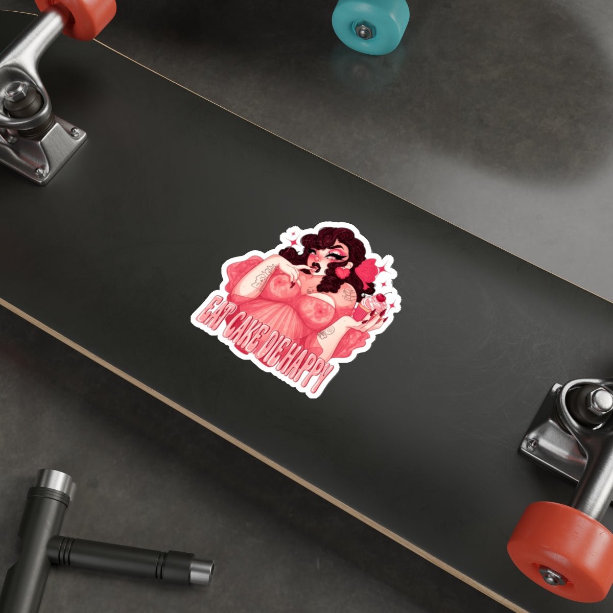 Eat Cake Die Happy Sticker, Gothic Pin Up Vinyl Decal, Retro Tattoo Girl Cupcake Cherry, Pink Aesthetic Waterproof Laptop Sticker - DarkPrintStudio™