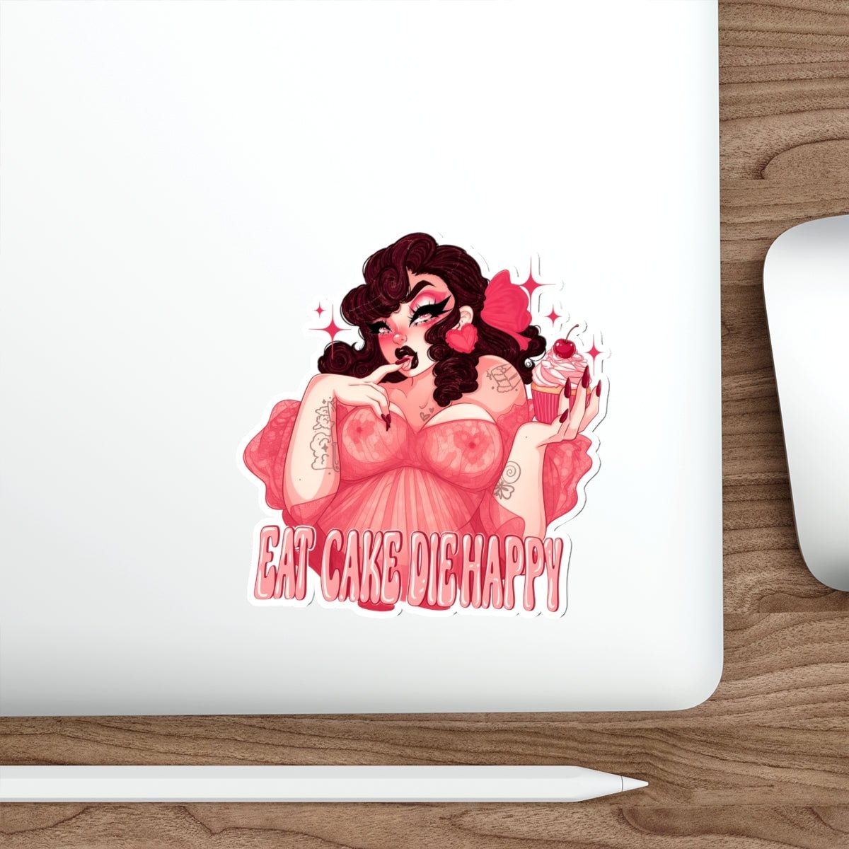 Eat Cake Die Happy Sticker, Gothic Pin Up Vinyl Decal, Retro Tattoo Girl Cupcake Cherry, Pink Aesthetic Waterproof Laptop Sticker - DarkPrintStudio™