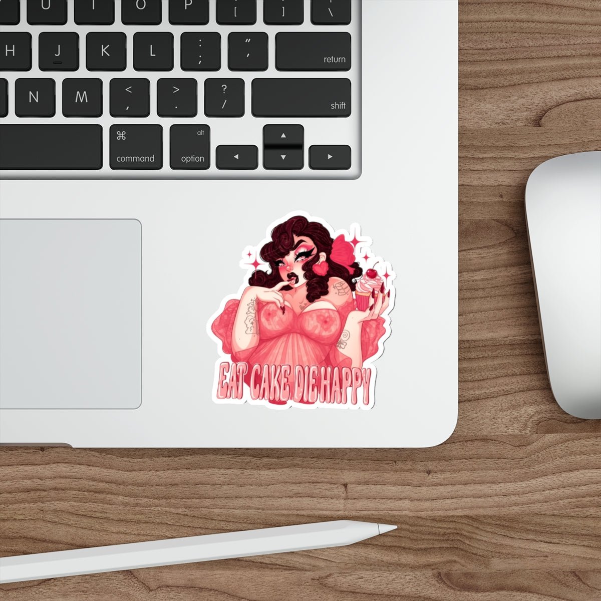 Eat Cake Die Happy Sticker, Gothic Pin Up Vinyl Decal, Retro Tattoo Girl Cupcake Cherry, Pink Aesthetic Waterproof Laptop Sticker - DarkPrintStudio™