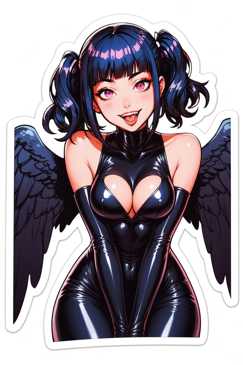 3pcs Sexy Dark Angel Anime Girl Stickers - Black Wings Pigtails Waifu Vinyl Decal
