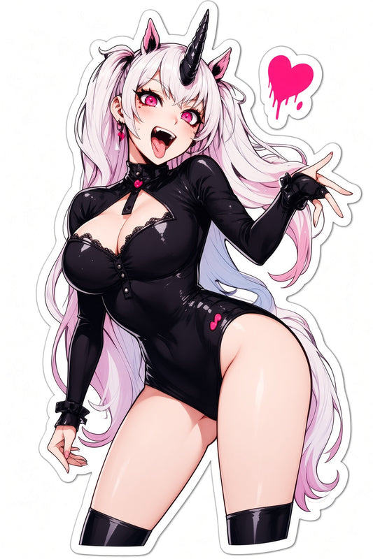 3pcs Sexy Unicorn Demon Girl Anime Stickers - Pink Hair Black Horn Waifu Vinyl Decal