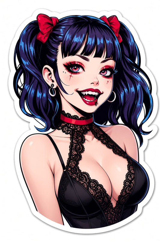 3pcs Sexy Goth Vampire Anime Girl Stickers - Black Pigtails Red Ribbons Waifu Vinyl Decal