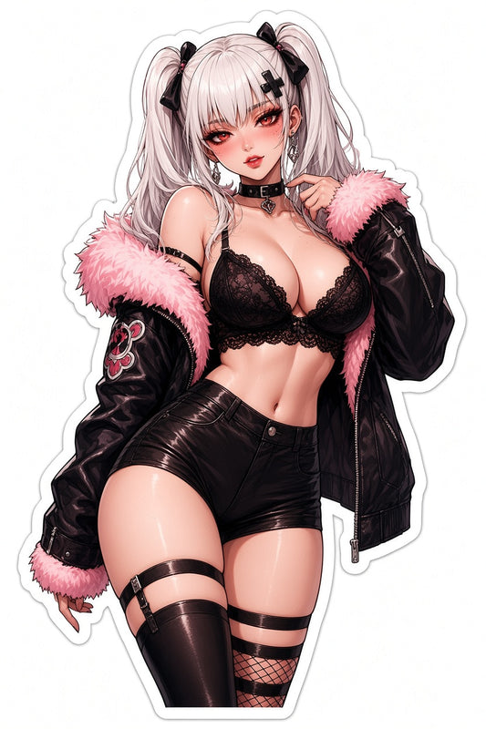 3pcs Sexy Goth E-Girl Anime Stickers - Pink Fur Jacket Silver Pigtails Waifu Vinyl Decal