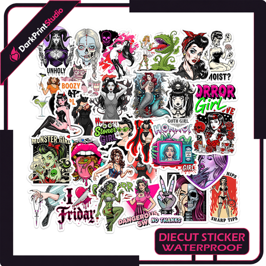 30PCS Horror Girl Stickers, Gothic Halloween Vinyl Stickers, Spooky Dark Aesthetic Waterproof Decals