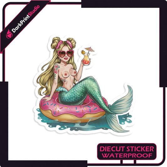 Mermaid Pin-Up Kiss-Cut Sticker — Retro Beach Donut Float Design - DarkPrintStudio™
