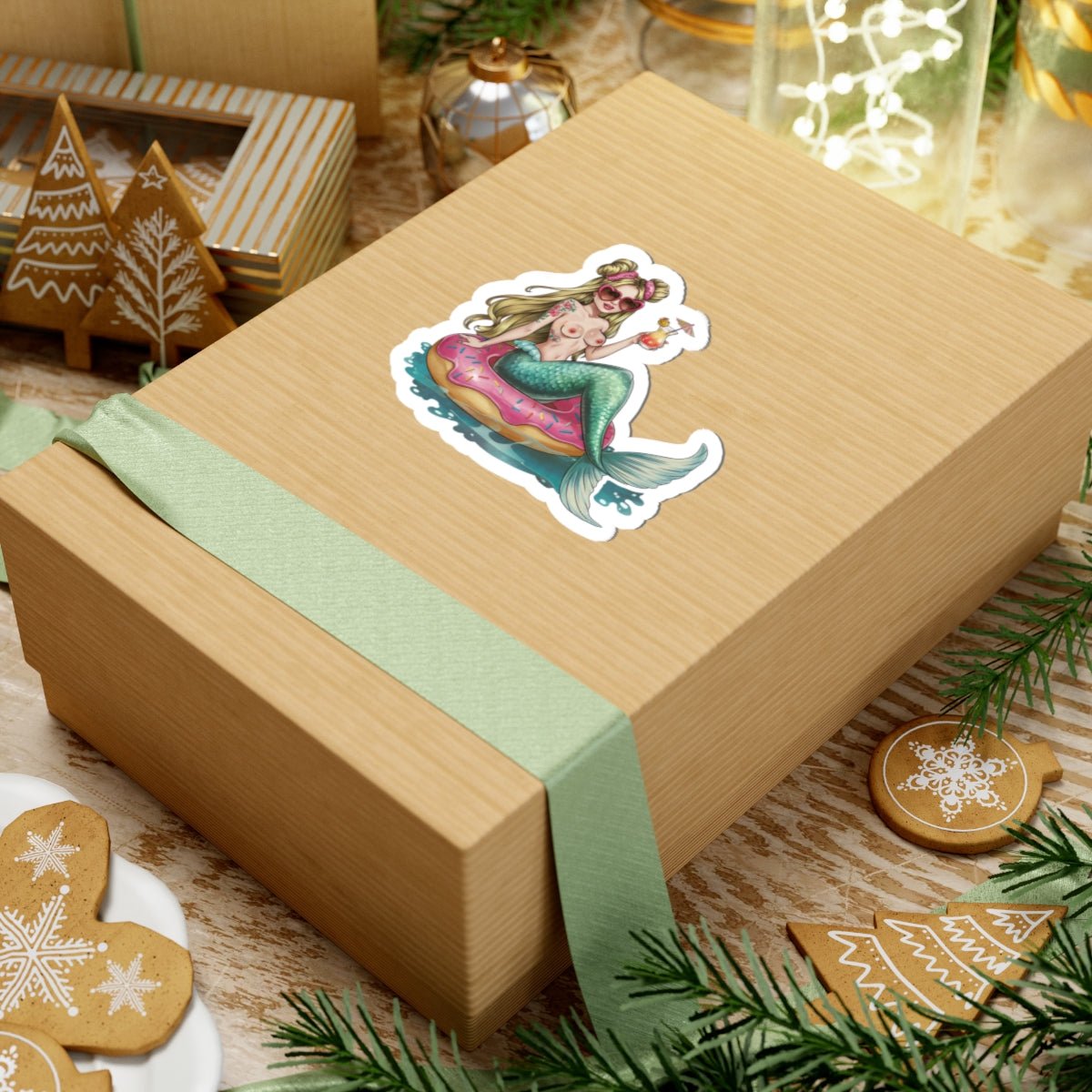 Mermaid Pin-Up Kiss-Cut Sticker — Retro Beach Donut Float Design - DarkPrintStudio™