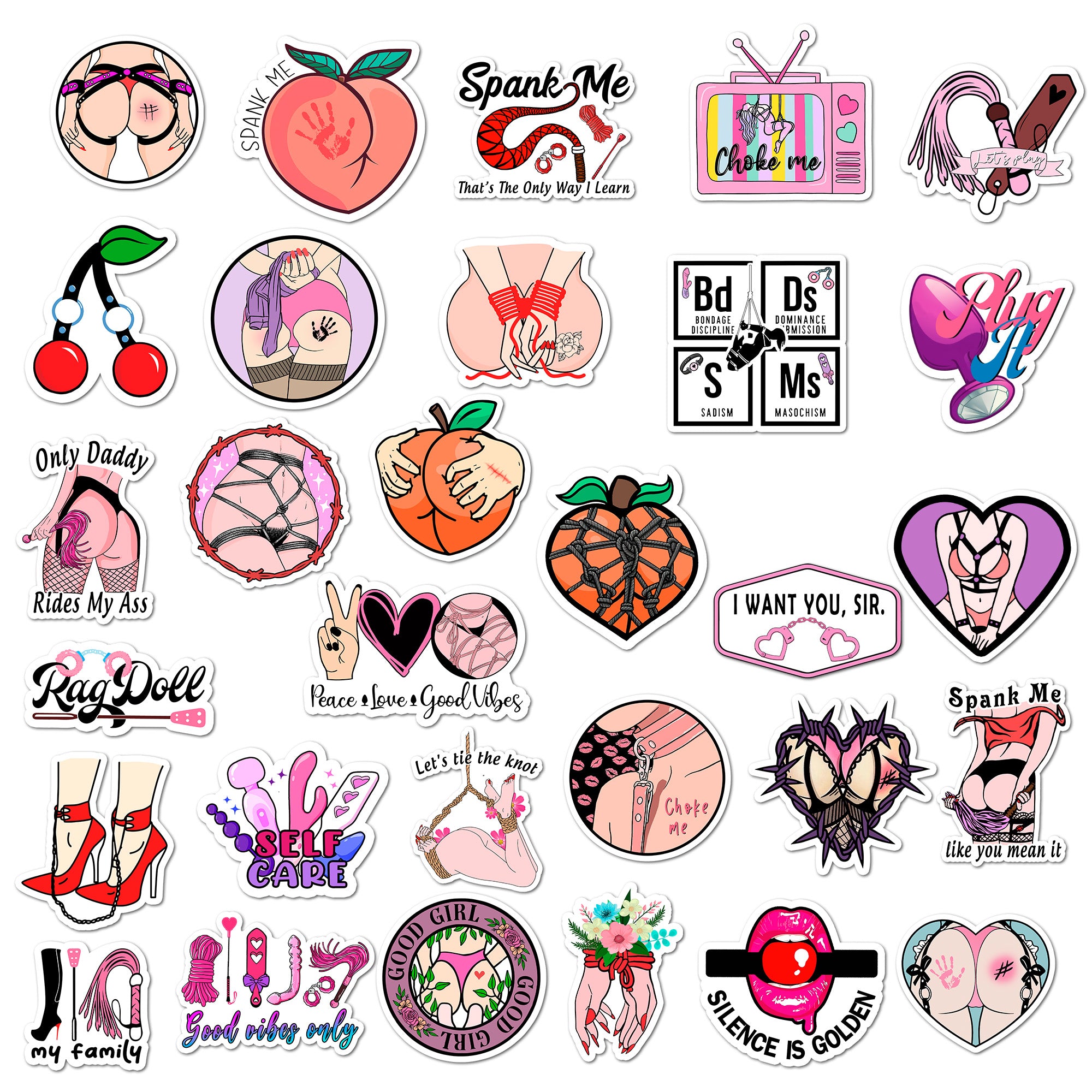 30PCS BDSM Stickers Pack – Kink-Inspired Decals, Bondage Girl Stickers, Vibrator Dildo Sex Toys Decal