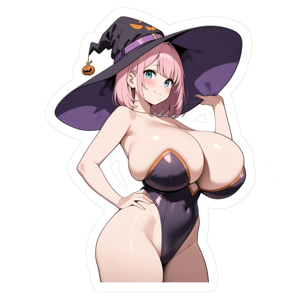 3pcs Sexy Halloween Witch Anime Stickers - Pink Hair Pumpkin Hat Waifu Vinyl Decal