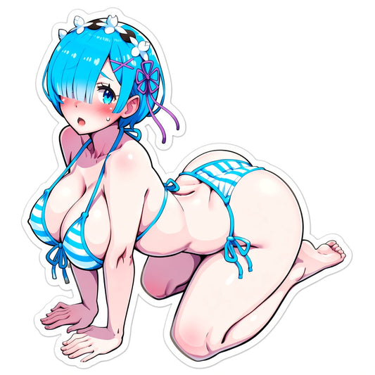 3pcs Sexy Blue Hair Maid Anime Stickers - Blue White Striped Bikini Waifu Vinyl Decal
