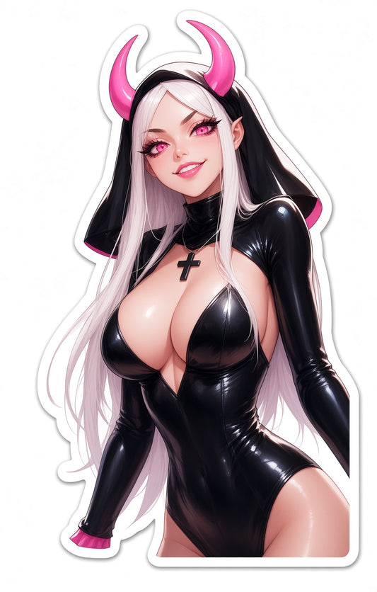 Sexy Evil Nun Anime Waifu Sticker Pack - Pink Horns White Hair Leather Suit Laptop Decals