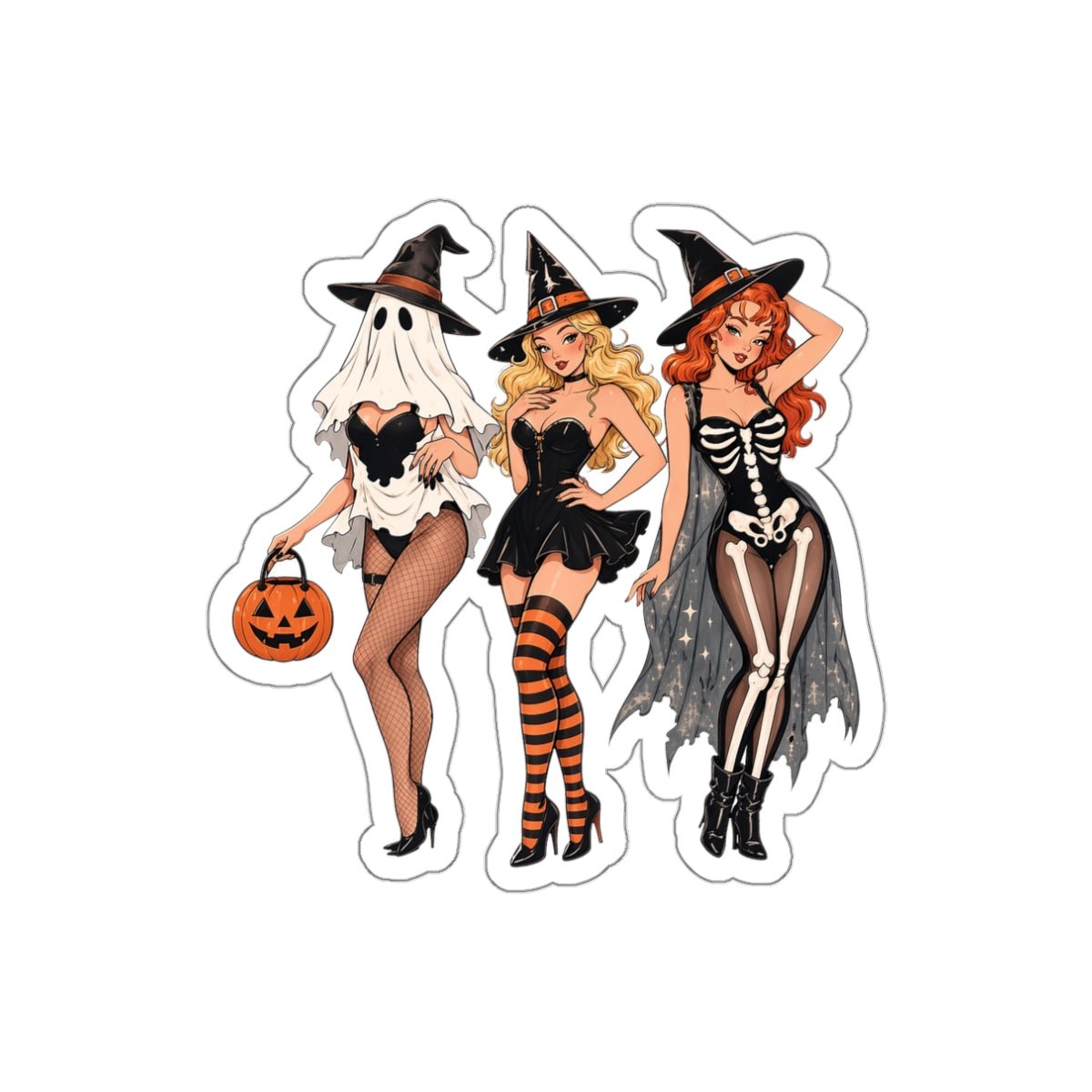 **Sexy Halloween Witch Stickers, Spooky Pin Up Girls Vinyl Decals, Ghost Witch Skeleton Costume Stickers, Cute Gothic Halloween Waterproof Laptop Sticker Pack** - DarkPrintStudio™