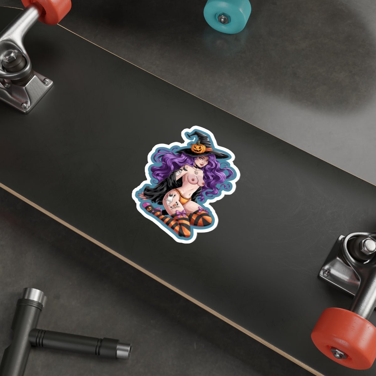 Sexy Witch Pinup Die-Cut Sticker — Halloween Purple Hair Pumpkin Hat - DarkPrintStudio™
