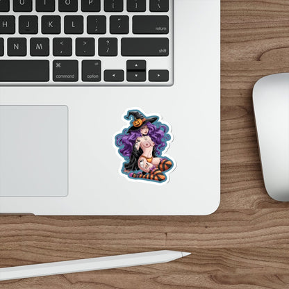 Sexy Witch Pinup Die-Cut Sticker — Halloween Purple Hair Pumpkin Hat - DarkPrintStudio™