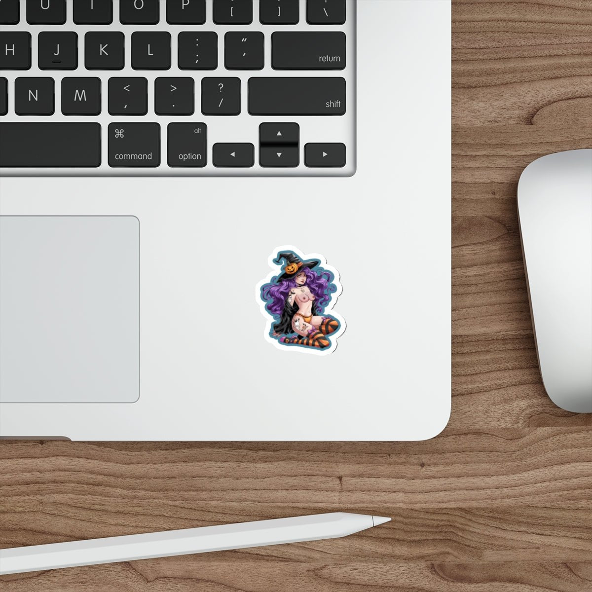 Sexy Witch Pinup Die-Cut Sticker — Halloween Purple Hair Pumpkin Hat - DarkPrintStudio™